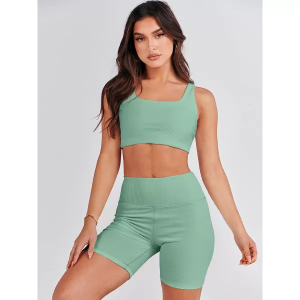 imageANRABESS Womens 2 Pieces Outfit Bodysuit Set Workout Sleeveless Crop Top Bodycon Yoga Leggings Gym Clothes Set TracksuitLight Green