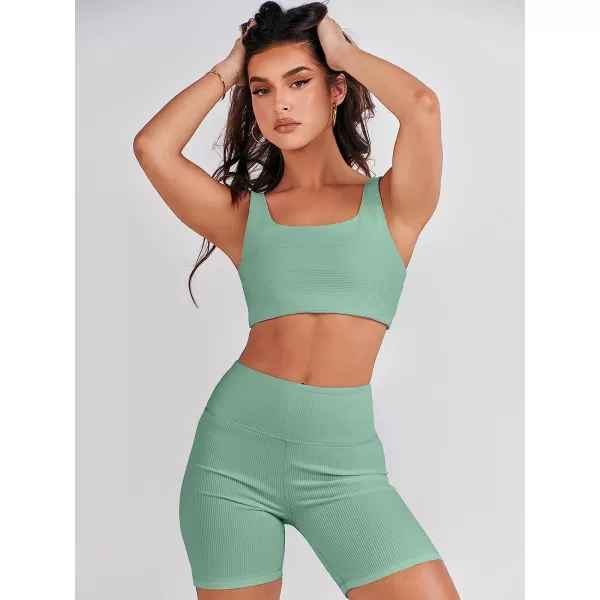 imageANRABESS Womens 2 Pieces Outfit Bodysuit Set Workout Sleeveless Crop Top Bodycon Yoga Leggings Gym Clothes Set TracksuitLight Green