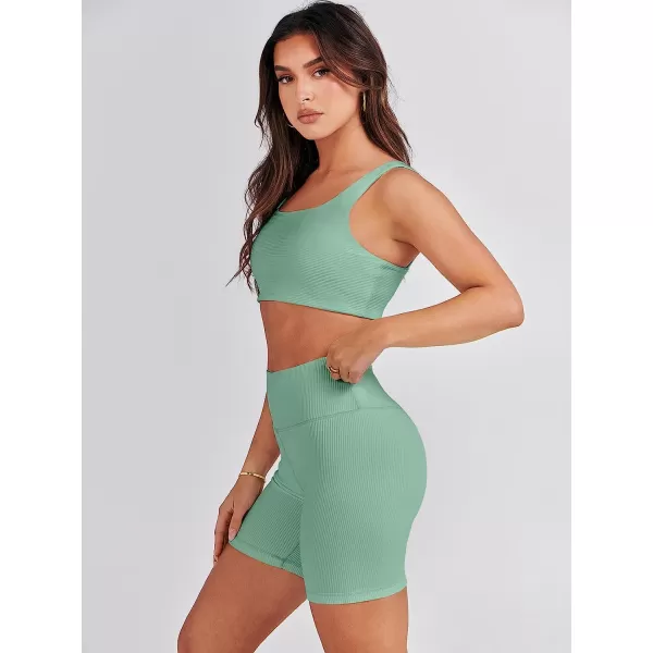 imageANRABESS Womens 2 Pieces Outfit Bodysuit Set Workout Sleeveless Crop Top Bodycon Yoga Leggings Gym Clothes Set TracksuitLight Green
