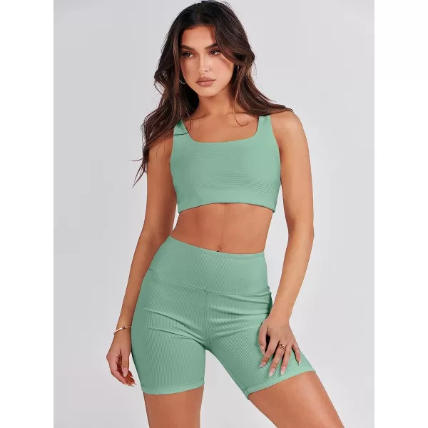 imageANRABESS Womens 2 Pieces Outfit Bodysuit Set Workout Sleeveless Crop Top Bodycon Yoga Leggings Gym Clothes Set TracksuitLight Green