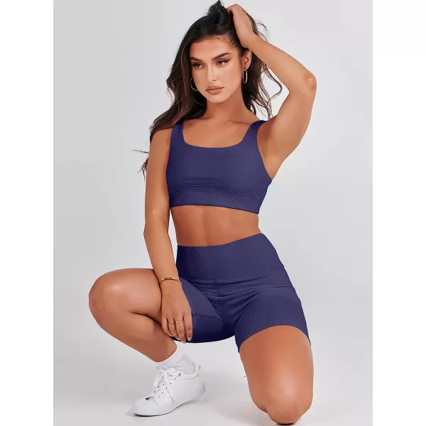 imageANRABESS Womens 2 Pieces Outfit Bodysuit Set Workout Sleeveless Crop Top Bodycon Yoga Leggings Gym Clothes Set TracksuitNavy Blue