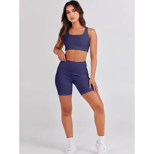 imageANRABESS Womens 2 Pieces Outfit Bodysuit Set Workout Sleeveless Crop Top Bodycon Yoga Leggings Gym Clothes Set TracksuitNavy Blue