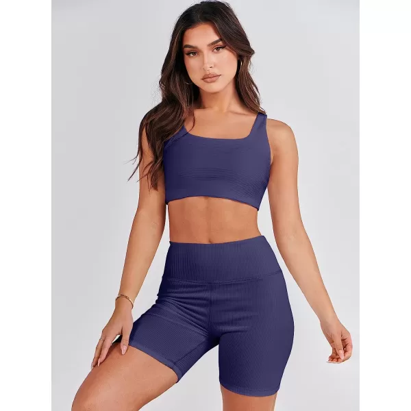 imageANRABESS Womens 2 Pieces Outfit Bodysuit Set Workout Sleeveless Crop Top Bodycon Yoga Leggings Gym Clothes Set TracksuitNavy Blue