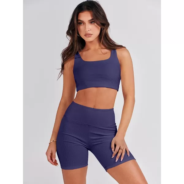 imageANRABESS Womens 2 Pieces Outfit Bodysuit Set Workout Sleeveless Crop Top Bodycon Yoga Leggings Gym Clothes Set TracksuitNavy Blue