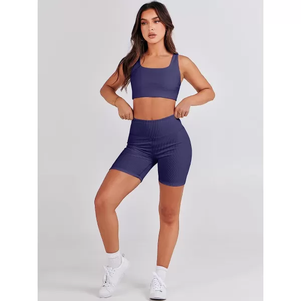 imageANRABESS Womens 2 Pieces Outfit Bodysuit Set Workout Sleeveless Crop Top Bodycon Yoga Leggings Gym Clothes Set TracksuitNavy Blue