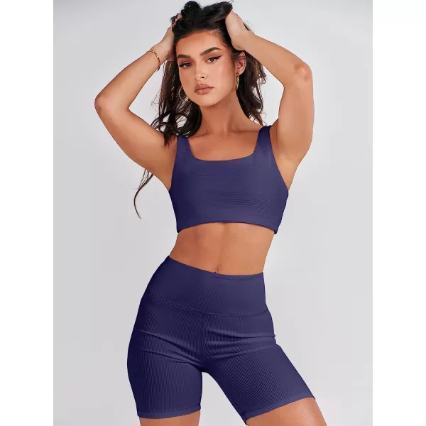 imageANRABESS Womens 2 Pieces Outfit Bodysuit Set Workout Sleeveless Crop Top Bodycon Yoga Leggings Gym Clothes Set TracksuitNavy Blue