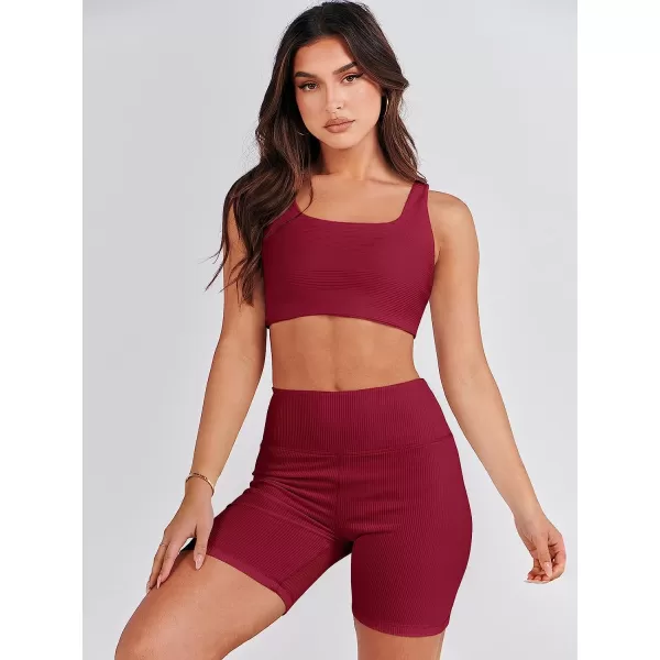 imageANRABESS Womens 2 Pieces Outfit Bodysuit Set Workout Sleeveless Crop Top Bodycon Yoga Leggings Gym Clothes Set TracksuitRed