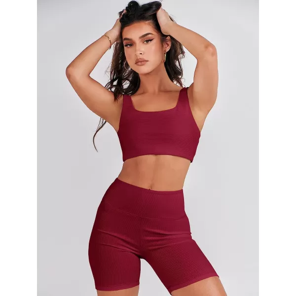 imageANRABESS Womens 2 Pieces Outfit Bodysuit Set Workout Sleeveless Crop Top Bodycon Yoga Leggings Gym Clothes Set TracksuitRed