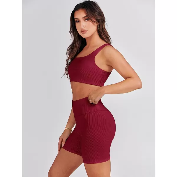 imageANRABESS Womens 2 Pieces Outfit Bodysuit Set Workout Sleeveless Crop Top Bodycon Yoga Leggings Gym Clothes Set TracksuitRed