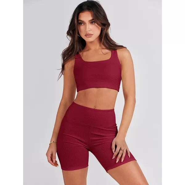 imageANRABESS Womens 2 Pieces Outfit Bodysuit Set Workout Sleeveless Crop Top Bodycon Yoga Leggings Gym Clothes Set TracksuitRed