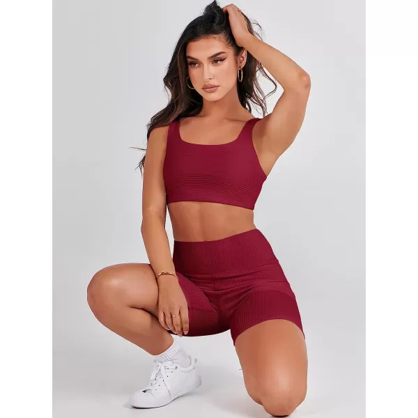 imageANRABESS Womens 2 Pieces Outfit Bodysuit Set Workout Sleeveless Crop Top Bodycon Yoga Leggings Gym Clothes Set TracksuitRed