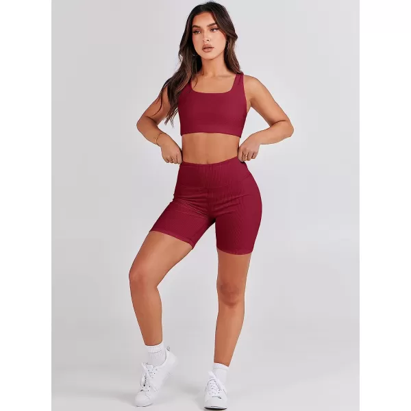 imageANRABESS Womens 2 Pieces Outfit Bodysuit Set Workout Sleeveless Crop Top Bodycon Yoga Leggings Gym Clothes Set TracksuitRed