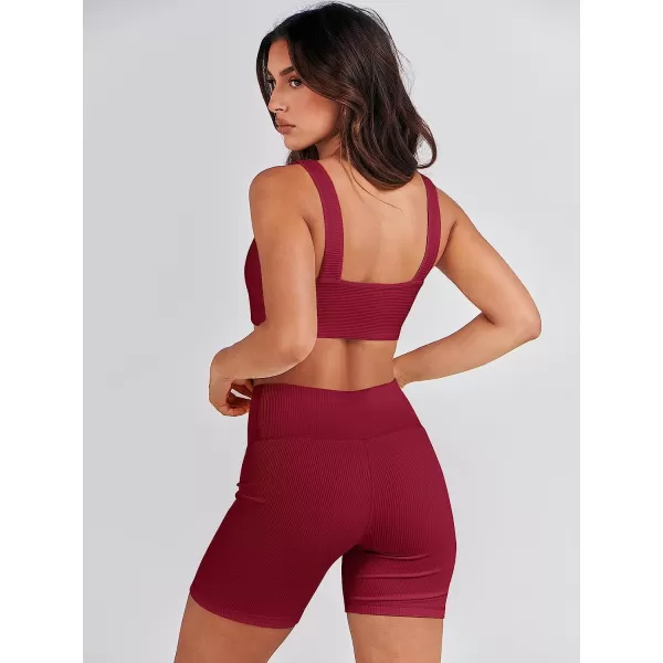 imageANRABESS Womens 2 Pieces Outfit Bodysuit Set Workout Sleeveless Crop Top Bodycon Yoga Leggings Gym Clothes Set TracksuitRed