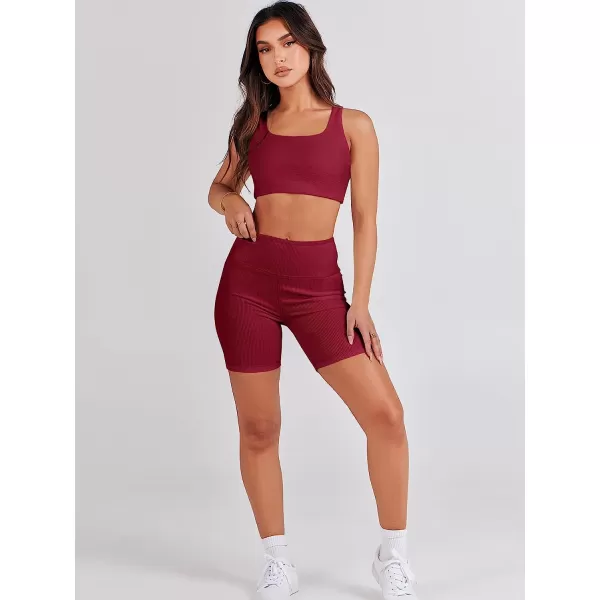 imageANRABESS Womens 2 Pieces Outfit Bodysuit Set Workout Sleeveless Crop Top Bodycon Yoga Leggings Gym Clothes Set TracksuitRed