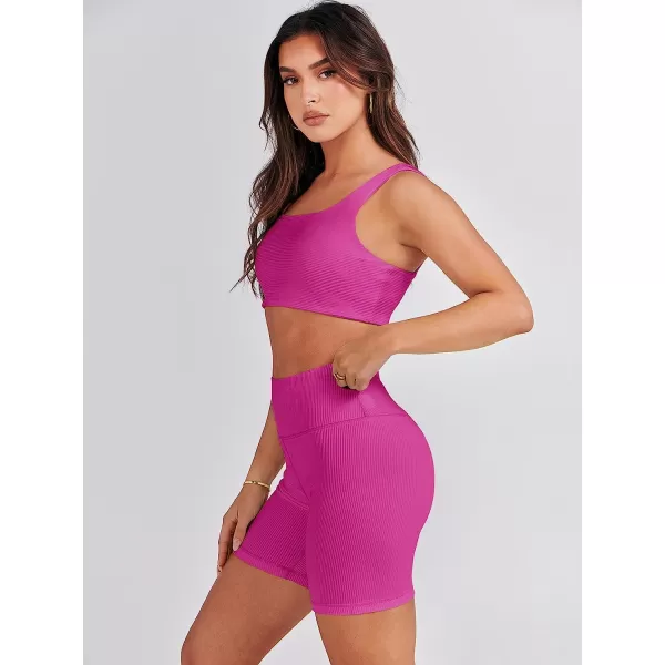 imageANRABESS Womens 2 Pieces Outfit Bodysuit Set Workout Sleeveless Crop Top Bodycon Yoga Leggings Gym Clothes Set TracksuitRose