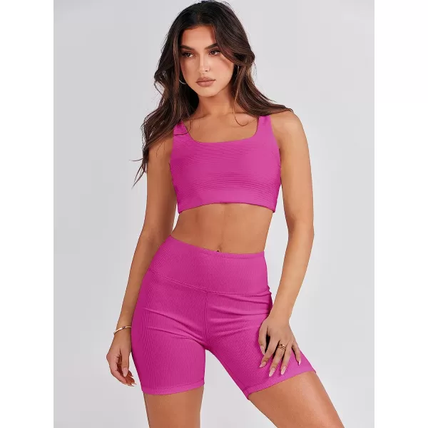 imageANRABESS Womens 2 Pieces Outfit Bodysuit Set Workout Sleeveless Crop Top Bodycon Yoga Leggings Gym Clothes Set TracksuitRose