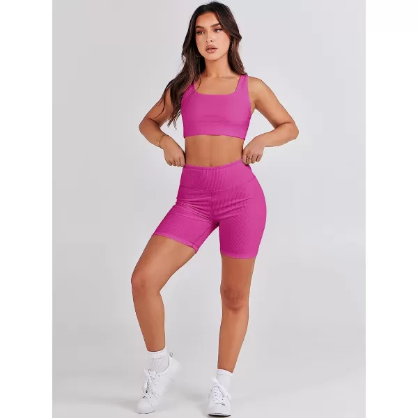 imageANRABESS Womens 2 Pieces Outfit Bodysuit Set Workout Sleeveless Crop Top Bodycon Yoga Leggings Gym Clothes Set TracksuitRose
