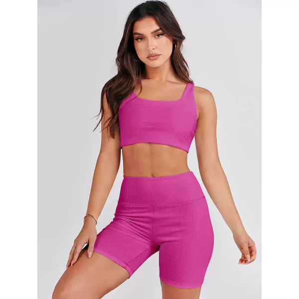 imageANRABESS Womens 2 Pieces Outfit Bodysuit Set Workout Sleeveless Crop Top Bodycon Yoga Leggings Gym Clothes Set TracksuitRose