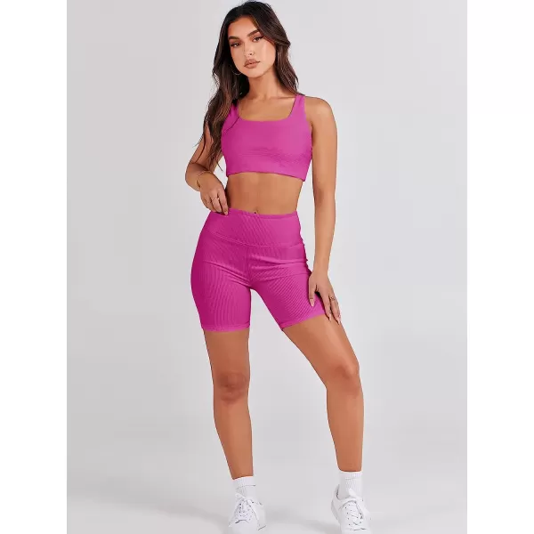 imageANRABESS Womens 2 Pieces Outfit Bodysuit Set Workout Sleeveless Crop Top Bodycon Yoga Leggings Gym Clothes Set TracksuitRose