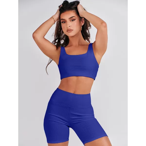 imageANRABESS Womens 2 Pieces Outfit Bodysuit Set Workout Sleeveless Crop Top Bodycon Yoga Leggings Gym Clothes Set TracksuitRoyal Blue