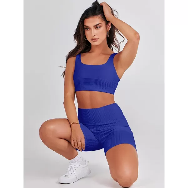 imageANRABESS Womens 2 Pieces Outfit Bodysuit Set Workout Sleeveless Crop Top Bodycon Yoga Leggings Gym Clothes Set TracksuitRoyal Blue