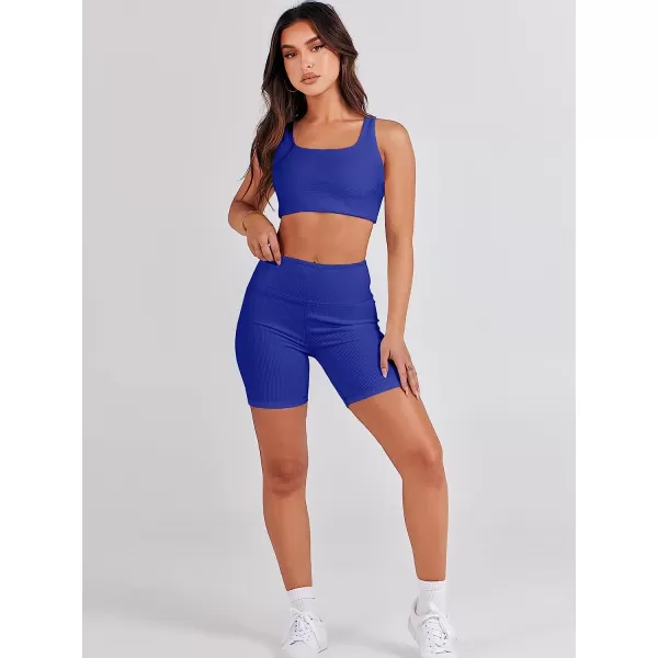 imageANRABESS Womens 2 Pieces Outfit Bodysuit Set Workout Sleeveless Crop Top Bodycon Yoga Leggings Gym Clothes Set TracksuitRoyal Blue