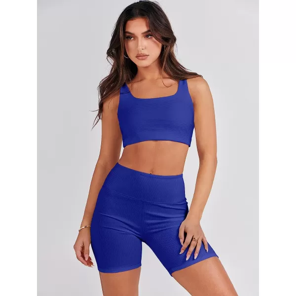 imageANRABESS Womens 2 Pieces Outfit Bodysuit Set Workout Sleeveless Crop Top Bodycon Yoga Leggings Gym Clothes Set TracksuitRoyal Blue