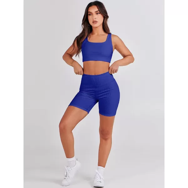 imageANRABESS Womens 2 Pieces Outfit Bodysuit Set Workout Sleeveless Crop Top Bodycon Yoga Leggings Gym Clothes Set TracksuitRoyal Blue