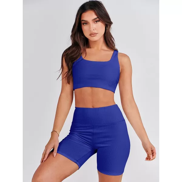 imageANRABESS Womens 2 Pieces Outfit Bodysuit Set Workout Sleeveless Crop Top Bodycon Yoga Leggings Gym Clothes Set TracksuitRoyal Blue
