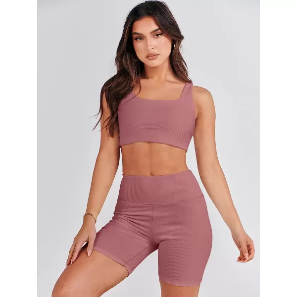 imageANRABESS Womens 2 Pieces Outfit Bodysuit Set Workout Sleeveless Crop Top Bodycon Yoga Leggings Gym Clothes Set TracksuitRust Pink