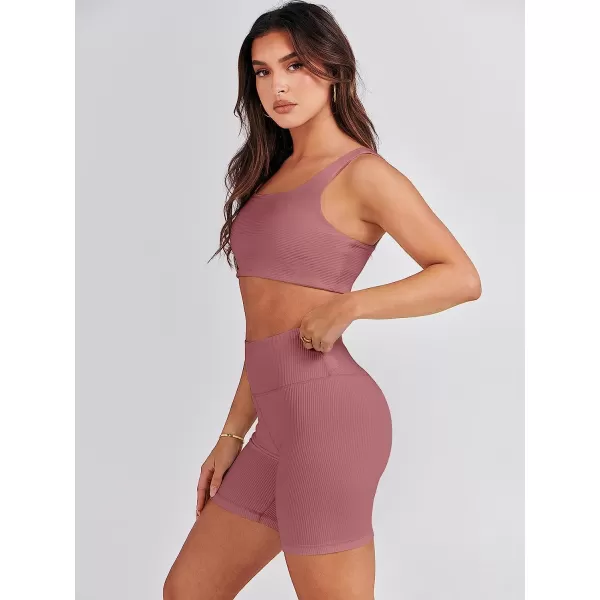 imageANRABESS Womens 2 Pieces Outfit Bodysuit Set Workout Sleeveless Crop Top Bodycon Yoga Leggings Gym Clothes Set TracksuitRust Pink