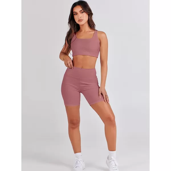 imageANRABESS Womens 2 Pieces Outfit Bodysuit Set Workout Sleeveless Crop Top Bodycon Yoga Leggings Gym Clothes Set TracksuitRust Pink
