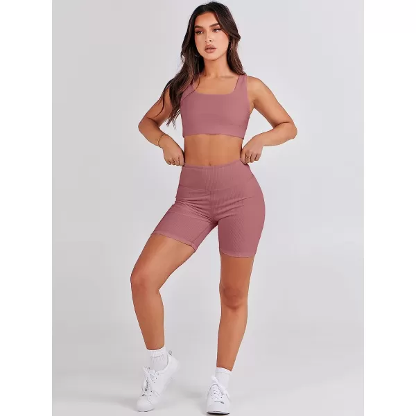 imageANRABESS Womens 2 Pieces Outfit Bodysuit Set Workout Sleeveless Crop Top Bodycon Yoga Leggings Gym Clothes Set TracksuitRust Pink