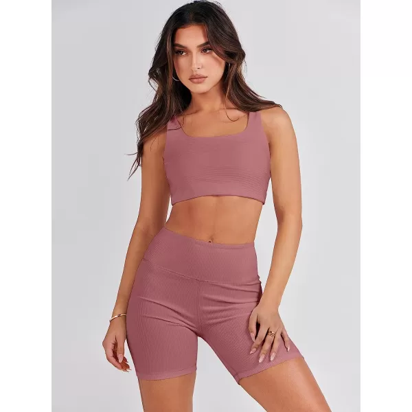 imageANRABESS Womens 2 Pieces Outfit Bodysuit Set Workout Sleeveless Crop Top Bodycon Yoga Leggings Gym Clothes Set TracksuitRust Pink