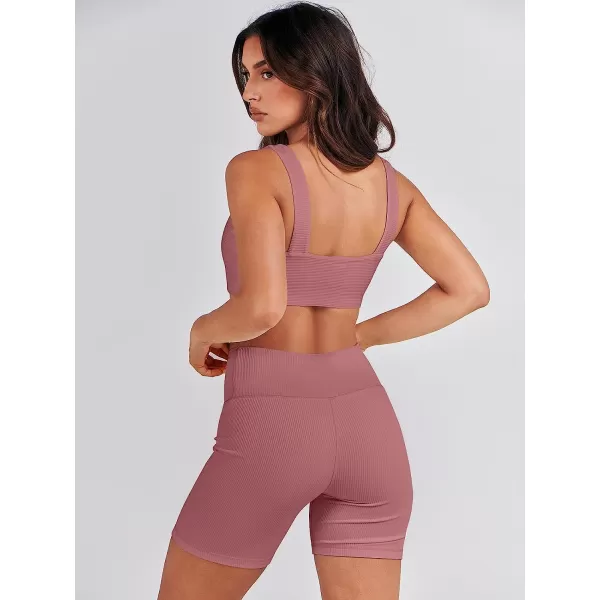 imageANRABESS Womens 2 Pieces Outfit Bodysuit Set Workout Sleeveless Crop Top Bodycon Yoga Leggings Gym Clothes Set TracksuitRust Pink