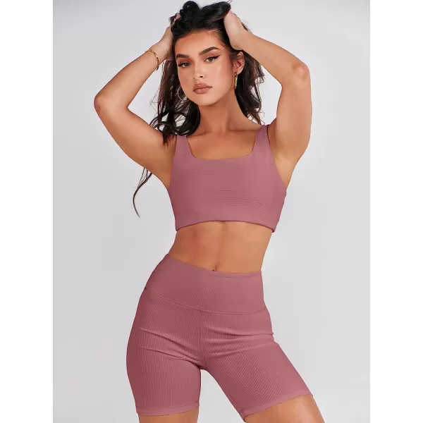 imageANRABESS Womens 2 Pieces Outfit Bodysuit Set Workout Sleeveless Crop Top Bodycon Yoga Leggings Gym Clothes Set TracksuitRust Pink