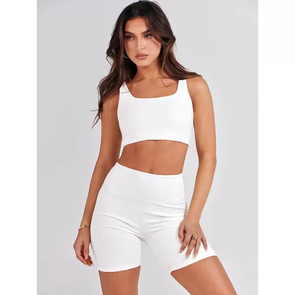 imageANRABESS Womens 2 Pieces Outfit Bodysuit Set Workout Sleeveless Crop Top Bodycon Yoga Leggings Gym Clothes Set TracksuitWhite