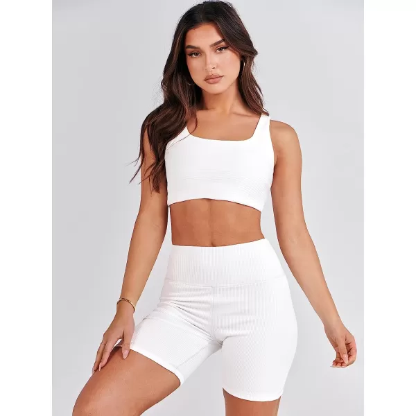 imageANRABESS Womens 2 Pieces Outfit Bodysuit Set Workout Sleeveless Crop Top Bodycon Yoga Leggings Gym Clothes Set TracksuitWhite