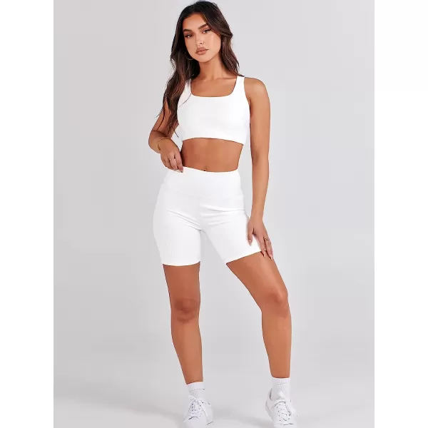 imageANRABESS Womens 2 Pieces Outfit Bodysuit Set Workout Sleeveless Crop Top Bodycon Yoga Leggings Gym Clothes Set TracksuitWhite