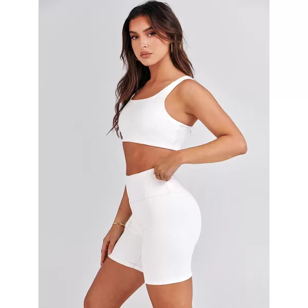 imageANRABESS Womens 2 Pieces Outfit Bodysuit Set Workout Sleeveless Crop Top Bodycon Yoga Leggings Gym Clothes Set TracksuitWhite