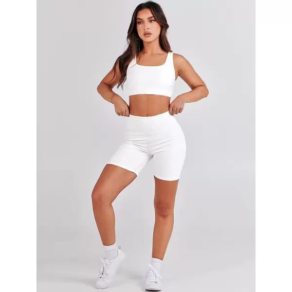 imageANRABESS Womens 2 Pieces Outfit Bodysuit Set Workout Sleeveless Crop Top Bodycon Yoga Leggings Gym Clothes Set TracksuitWhite
