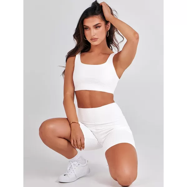 imageANRABESS Womens 2 Pieces Outfit Bodysuit Set Workout Sleeveless Crop Top Bodycon Yoga Leggings Gym Clothes Set TracksuitWhite