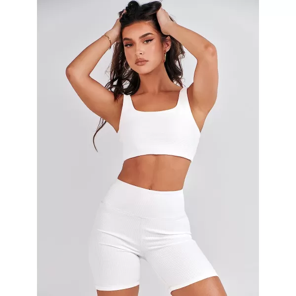 imageANRABESS Womens 2 Pieces Outfit Bodysuit Set Workout Sleeveless Crop Top Bodycon Yoga Leggings Gym Clothes Set TracksuitWhite