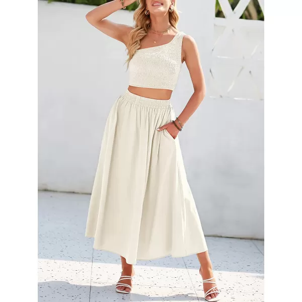 imageANRABESS Womens 2 Pieces Outfits One Shoulder Smocked Crop Top amp High Waist Long Skirt Dress Set with PocketsBeige