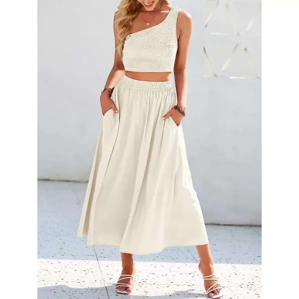 imageANRABESS Womens 2 Pieces Outfits One Shoulder Smocked Crop Top amp High Waist Long Skirt Dress Set with PocketsBeige
