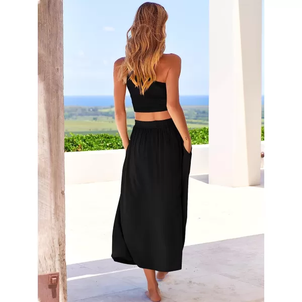 imageANRABESS Womens 2 Pieces Outfits One Shoulder Smocked Crop Top amp High Waist Long Skirt Dress Set with PocketsBlack