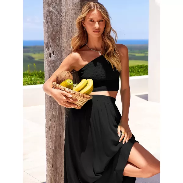 imageANRABESS Womens 2 Pieces Outfits One Shoulder Smocked Crop Top amp High Waist Long Skirt Dress Set with PocketsBlack