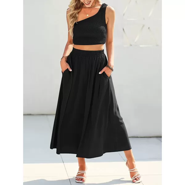 imageANRABESS Womens 2 Pieces Outfits One Shoulder Smocked Crop Top amp High Waist Long Skirt Dress Set with PocketsBlack