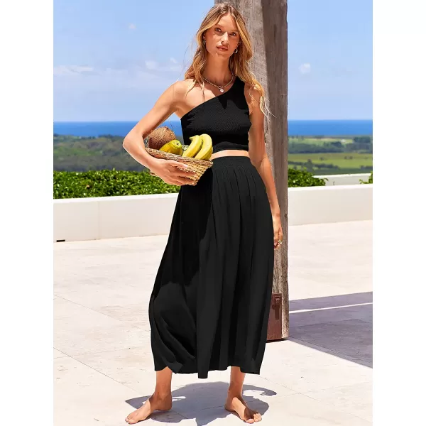 imageANRABESS Womens 2 Pieces Outfits One Shoulder Smocked Crop Top amp High Waist Long Skirt Dress Set with PocketsBlack