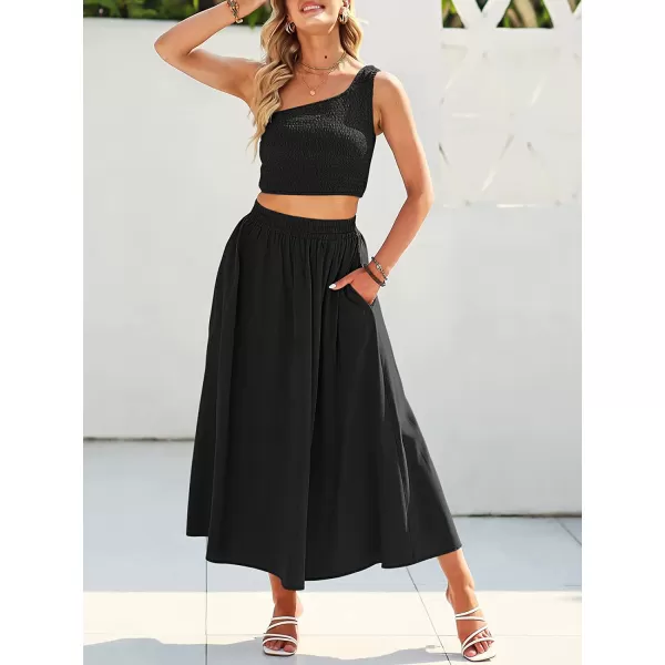 imageANRABESS Womens 2 Pieces Outfits One Shoulder Smocked Crop Top amp High Waist Long Skirt Dress Set with PocketsBlack